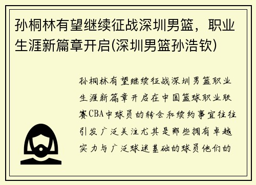 孙桐林有望继续征战深圳男篮，职业生涯新篇章开启(深圳男篮孙浩钦)