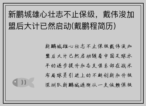 新鹏城雄心壮志不止保级，戴伟浚加盟后大计已然启动(戴鹏程简历)