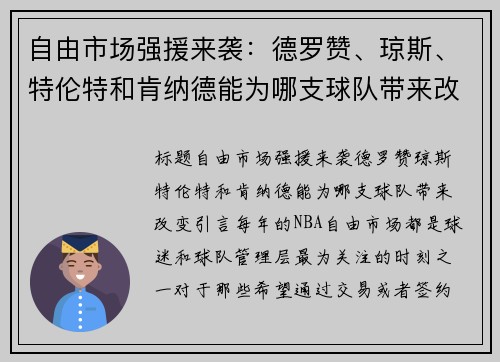 自由市场强援来袭：德罗赞、琼斯、特伦特和肯纳德能为哪支球队带来改变？