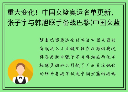 重大变化！中国女篮奥运名单更新，张子宇与韩旭联手备战巴黎(中国女蓝奥运名单公布)